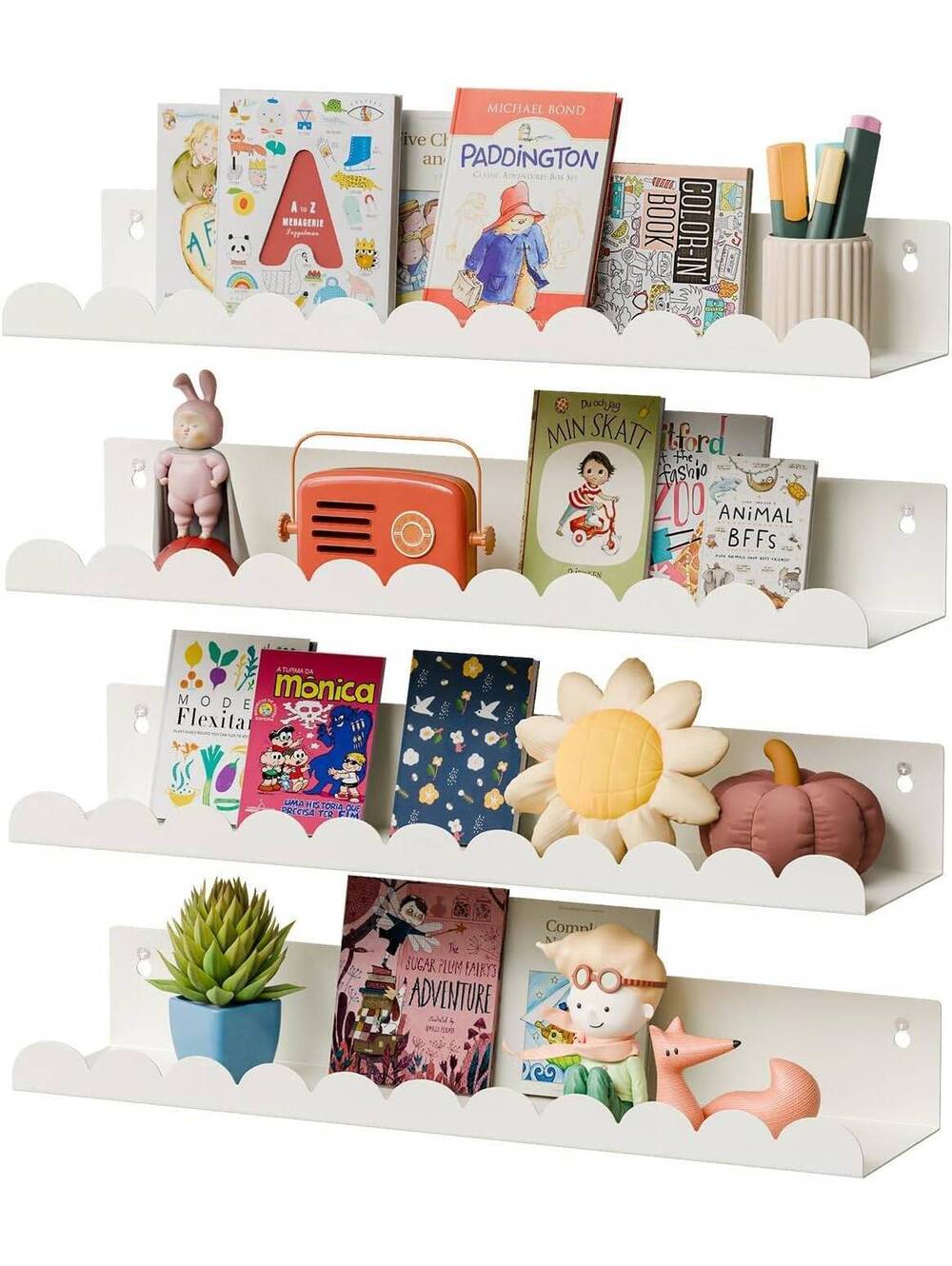 White Metal Nursery Wall Bookshelves, 17 In, Set of 4, baby, toddler, room decor